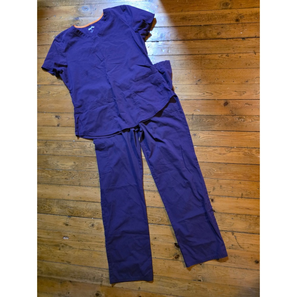 Scrubstar Premium Scrub Set Purple Orange Trim V-Neck Top Cargo Pants Medium
